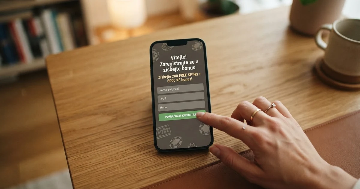 Hráč u mobilu s otevřenou registrační stránkou českého online casina – na obrazovce viditelná nabídka free spinů