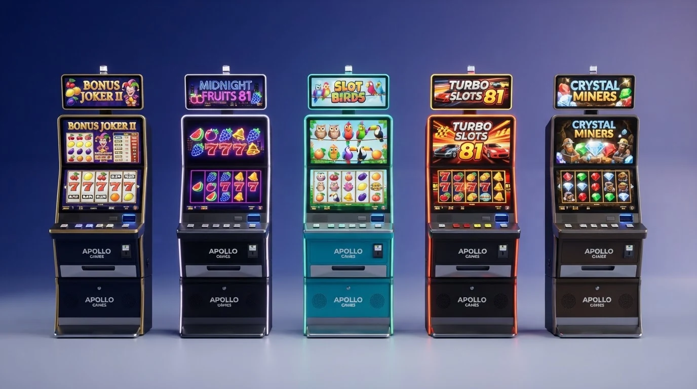 Koláž pěti nejlepších Apollo Games automatů seřazených vedle sebe — Bonus Joker II, Midnight Fruits 81, Slot Birds, Turbo Slots 81 a Crystal Miners