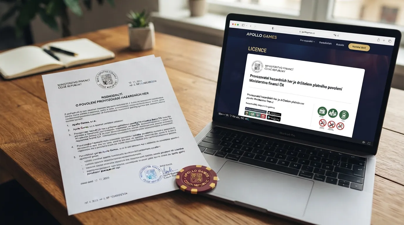 Úřední dokument s razítkem Ministerstva financí ČR vedle loga Apollo Games na monitoru
