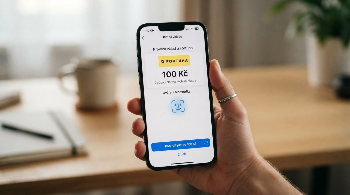 Displej iPhonu s potvrzením Apple Pay platby přes Face ID v prostředí online casina