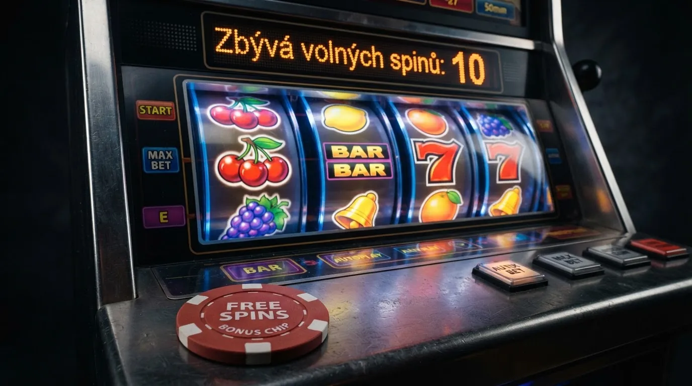Roztočené válce výherního automatu s viditelným počtem volných otoček na displeji