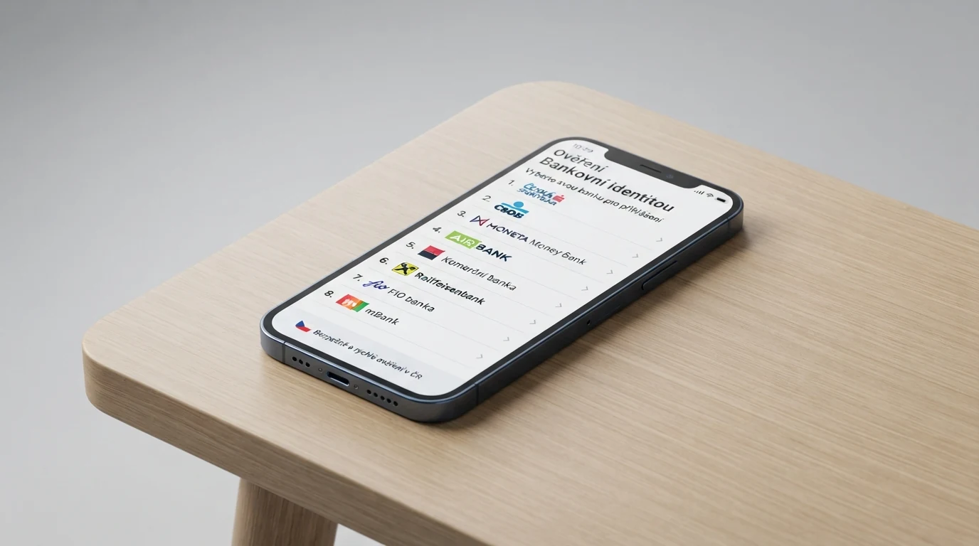 Obrazovka mobilního telefonu s rozhraním bankovní identity — výběr banky a potvrzení jedním kliknutím