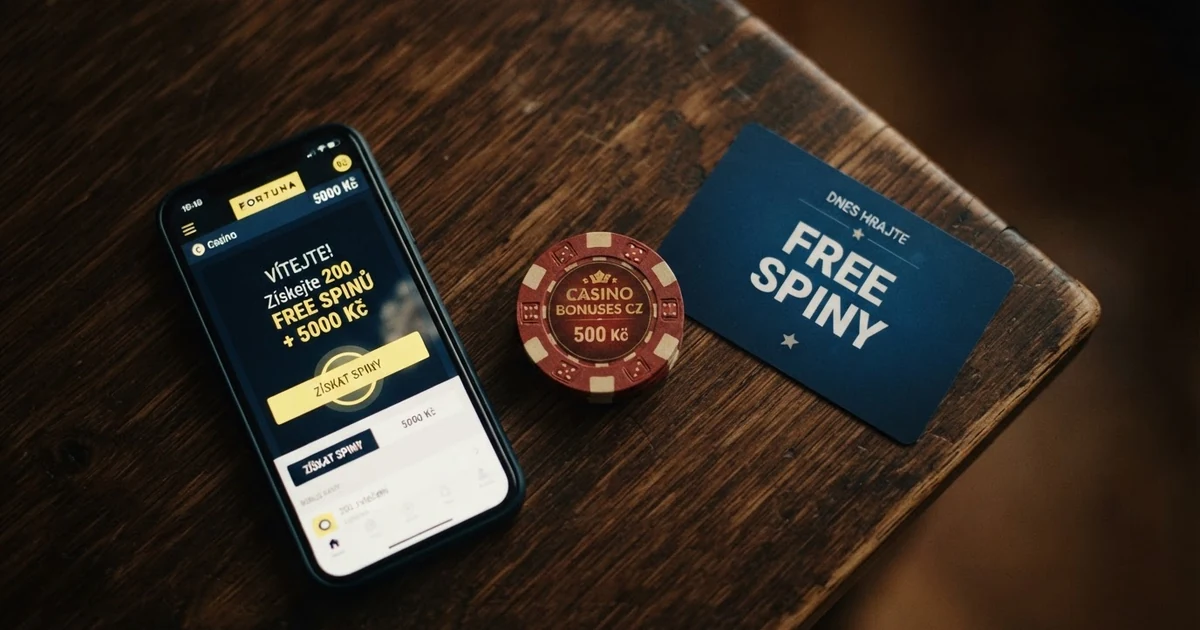 Rozložené žetony, karta s nápisem „free spiny“ a česká licence MF ČR na stole online casina