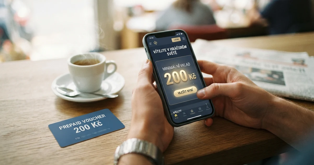 Hráč vybírá na mobilu online casino, na displeji zvýrazněna možnost vkladu 200 Kč