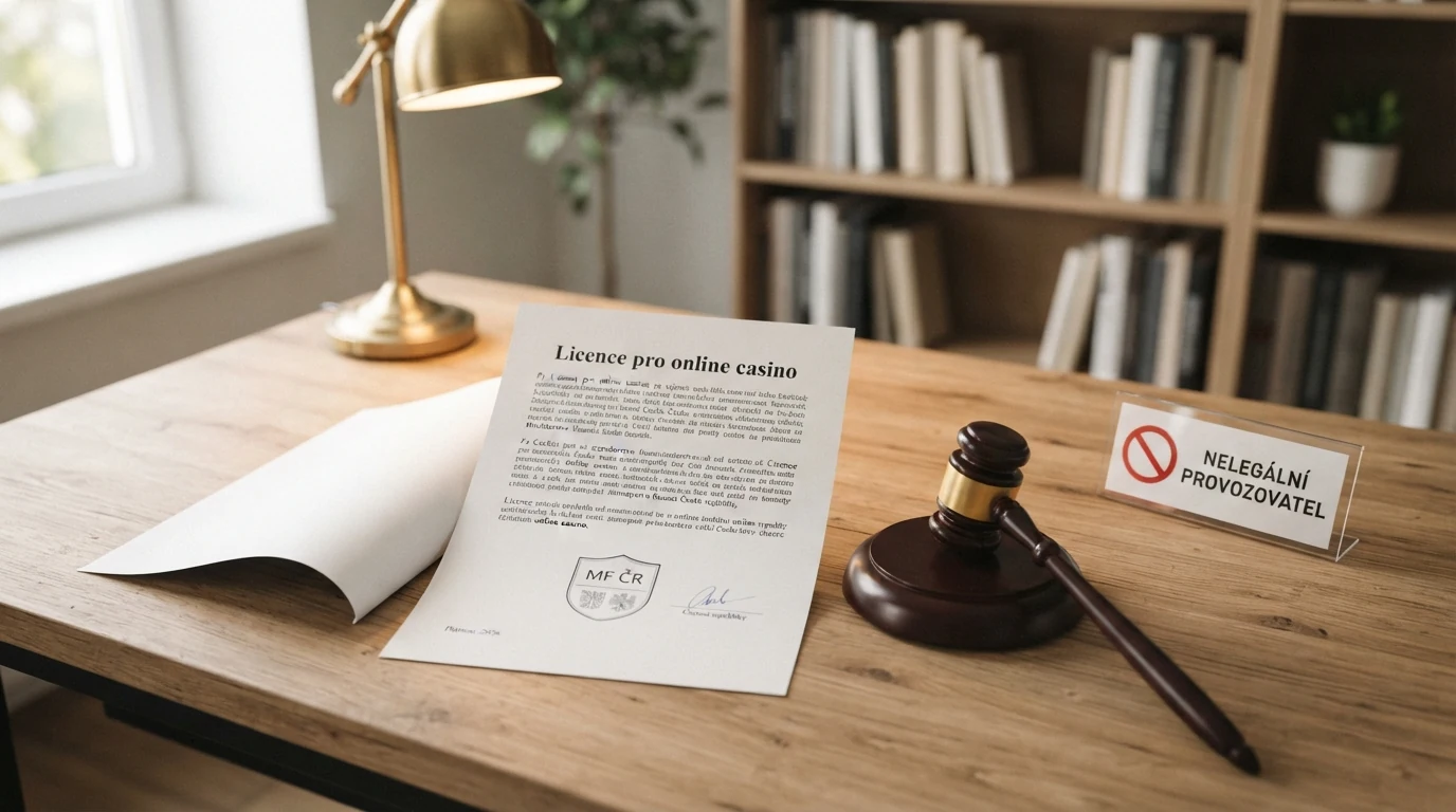 Úřední dokument s logem Ministerstva financí ČR, razítko licence pro online casino, vedle výstražný symbol u offshore operátora bez licence
