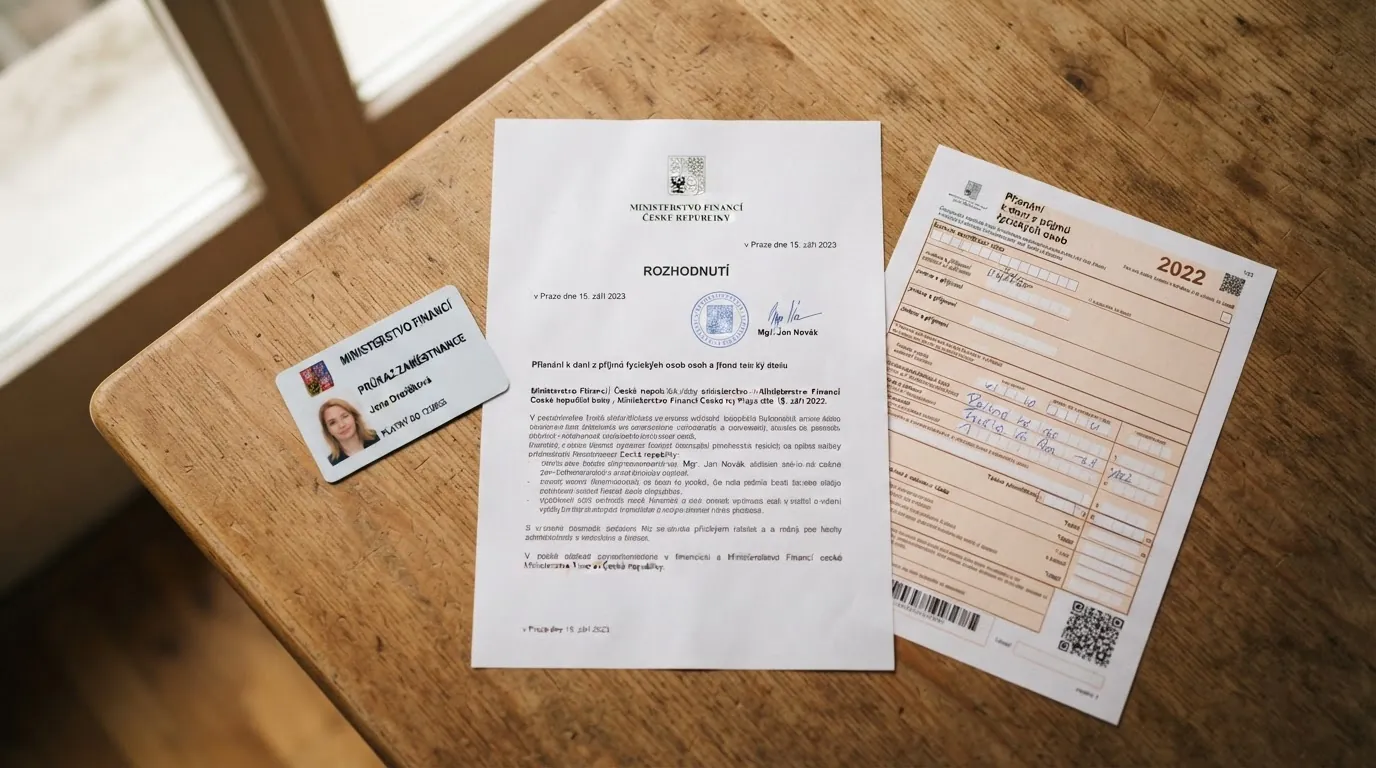 Úřední dokument s razítkem Ministerstva financí ČR položený vedle občanského průkazu a formuláře daňového přiznání