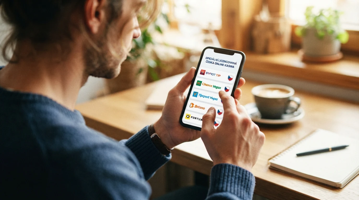 Výběr licencovaných českých online casin zobrazený na displeji mobilního telefonu