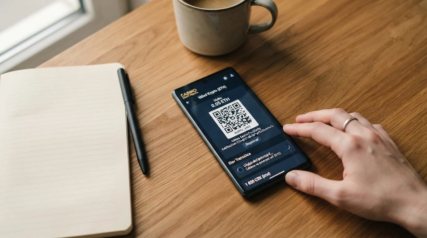 Schéma průběhu ethereum transakce z peněženky hráče na herní účet kasina s vyznačením kroků a časů