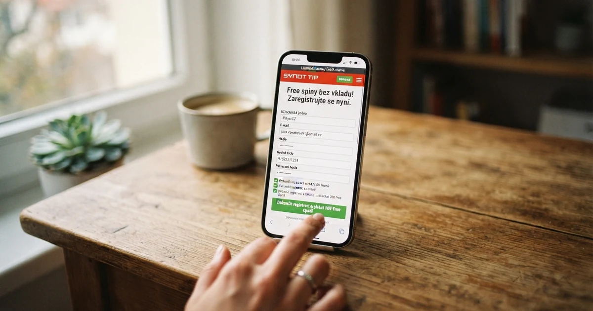 Hráč u mobilu s otevřenou registrací v českém online casinu, na obrazovce nabídka free spinů