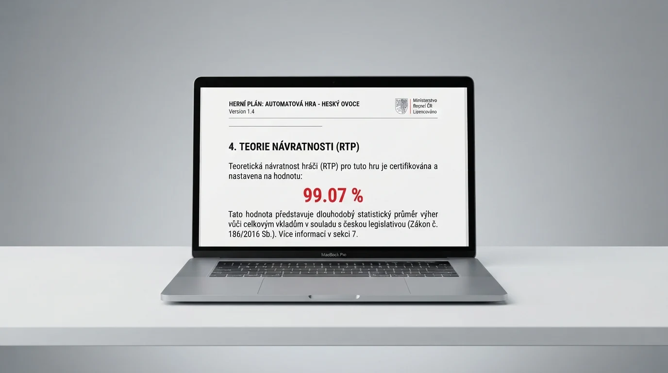 Herní plán automatu s vyznačenou hodnotou RTP v sekci pravidel hry