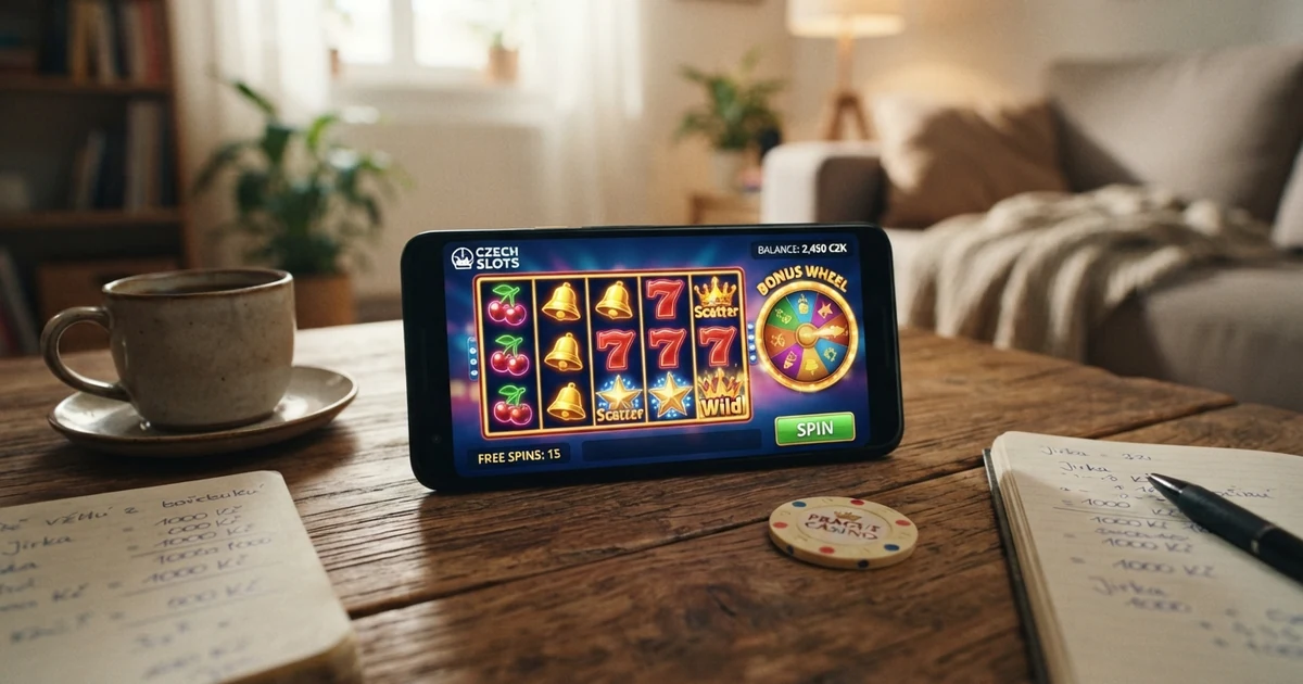 Rozhraní online casino automatu v prohlížeči vedle ikony mobilní aplikace na displeji telefonu