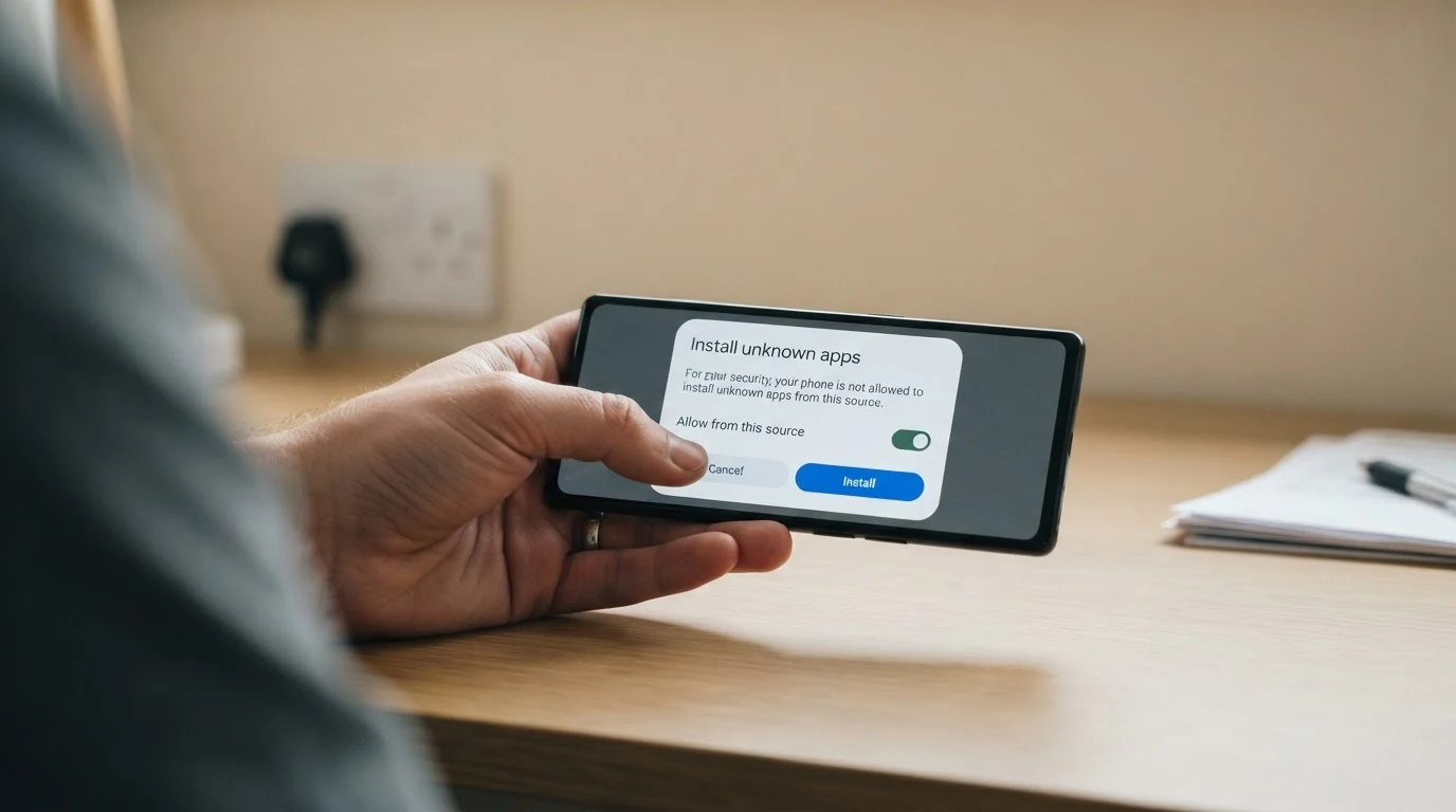 Postup stažení casino aplikace z webu operátora na telefon s Androidem — obrazovka s povolením neznámých zdrojů