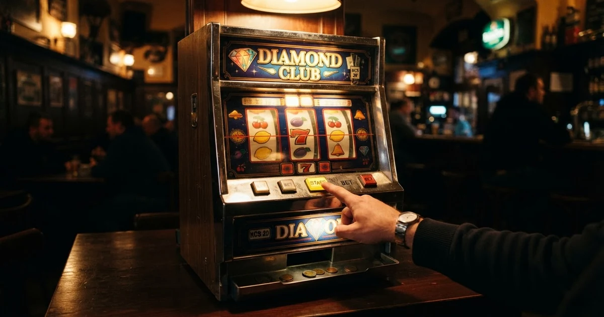 Klasický ovocný automat se třemi válci, symboly třešní, citronů, melounů a sedmiček na displeji, podsvícený výherní tabulkou