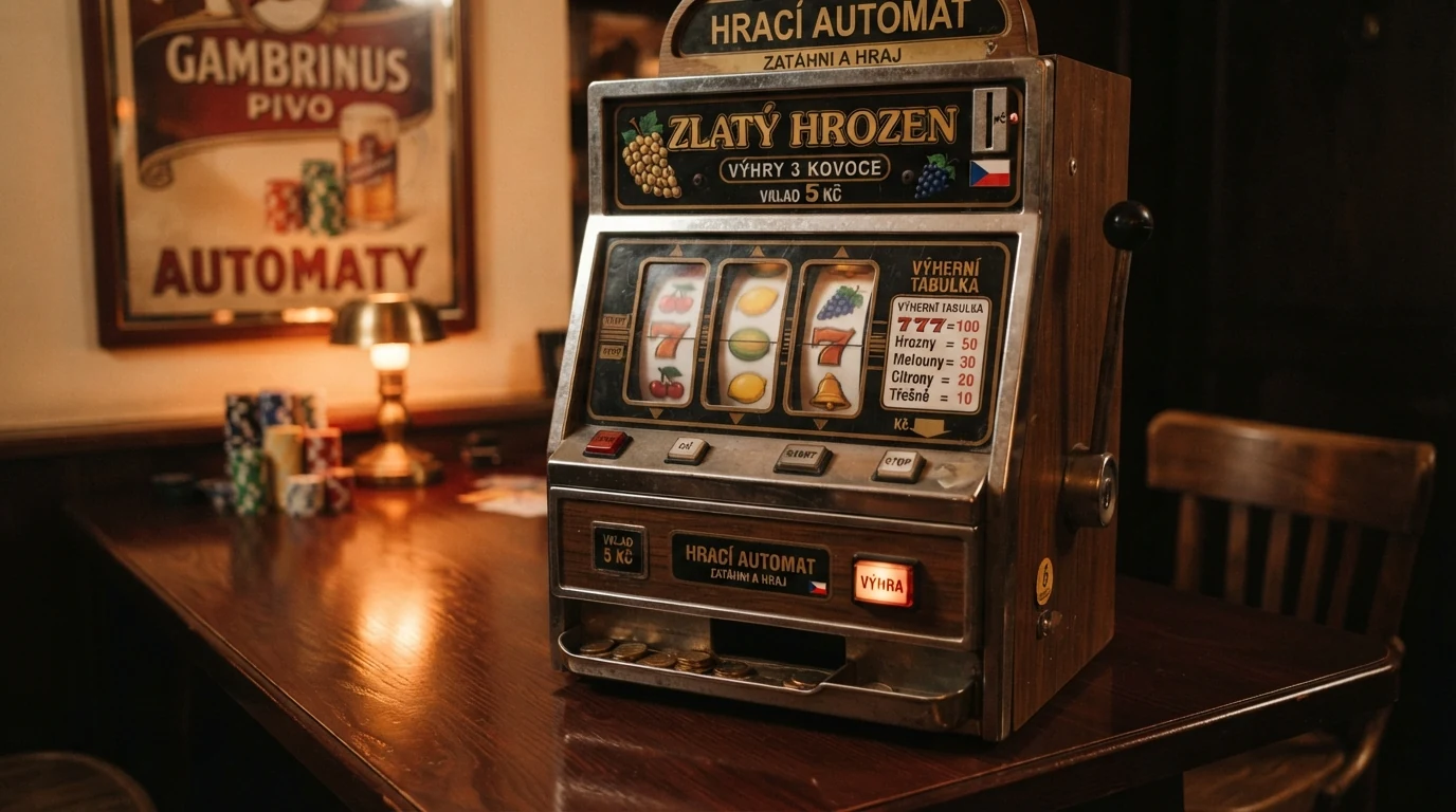 Klasický tříválcový ovocný automat s tradičními symboly třešní, citronů a melounů na válcích