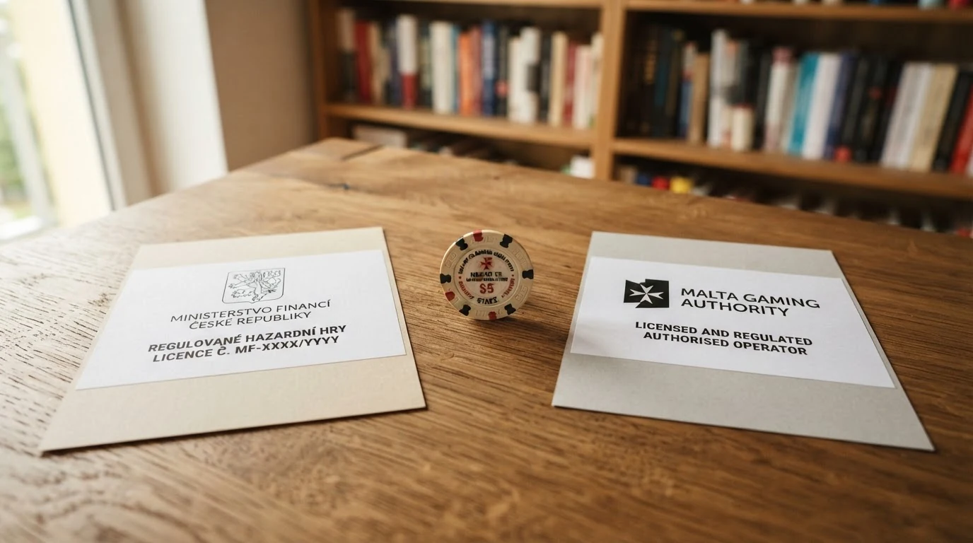Dvě pečetě vedle sebe — logo Ministerstva financí ČR vlevo, logo Malta Gaming Authority vpravo, pod každou stručný výčet práv hráče