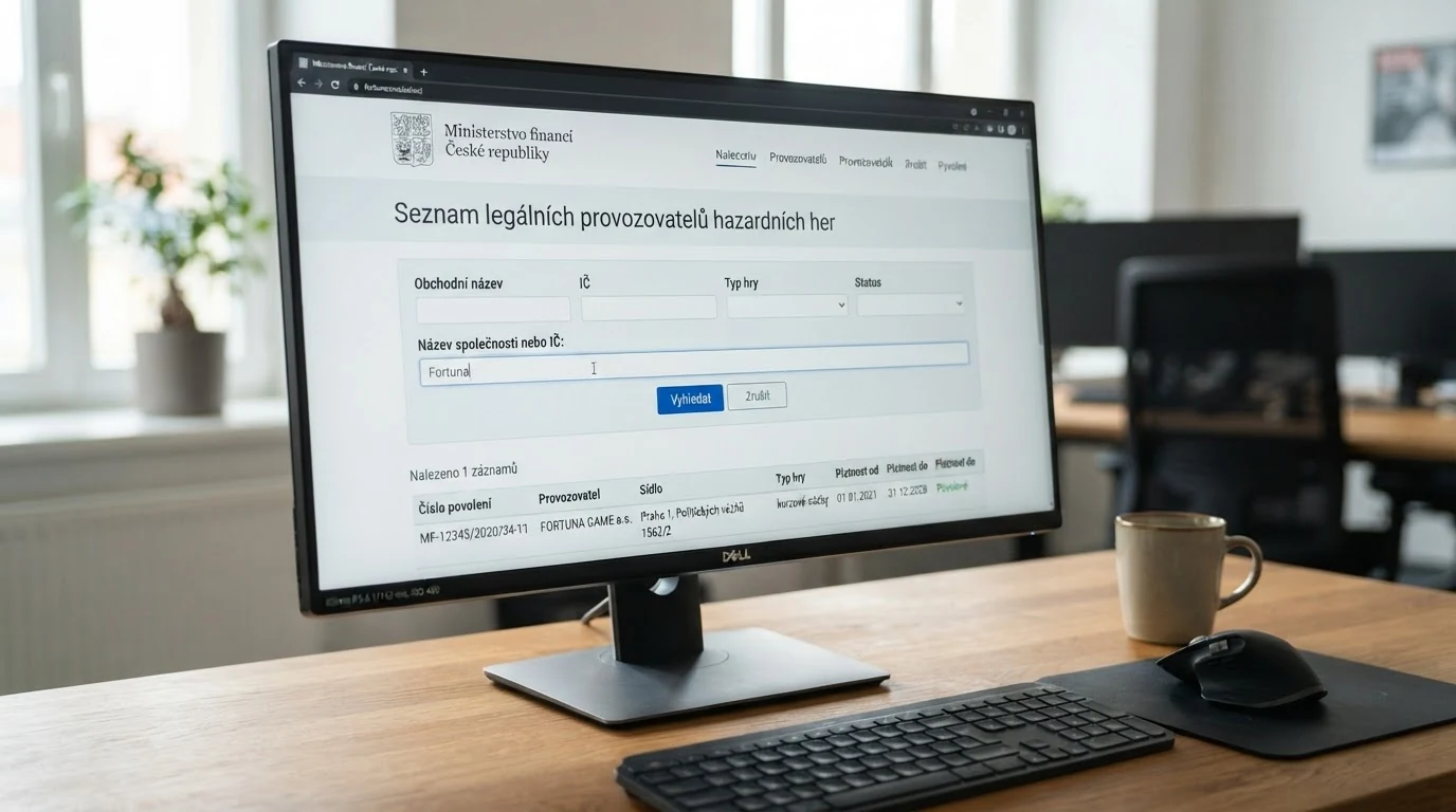 Snímek obrazovky s vyhledávacím polem Seznamu legálních provozovatelů hazardních her na webu Ministerstva financí ČR a zvýrazněným logem MF ČR