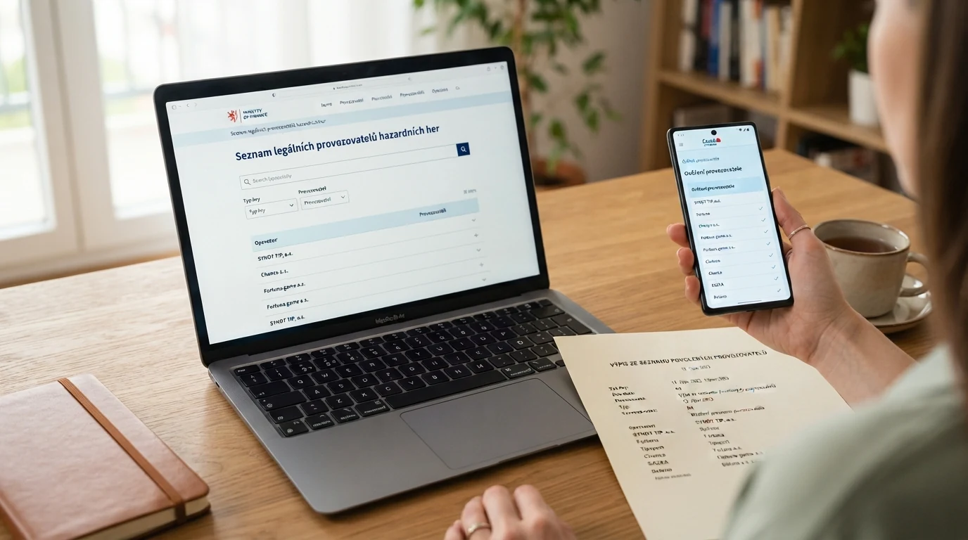 Logo Ministerstva financí ČR vedle úryvku ze Seznamu legálních provozovatelů hazardních her