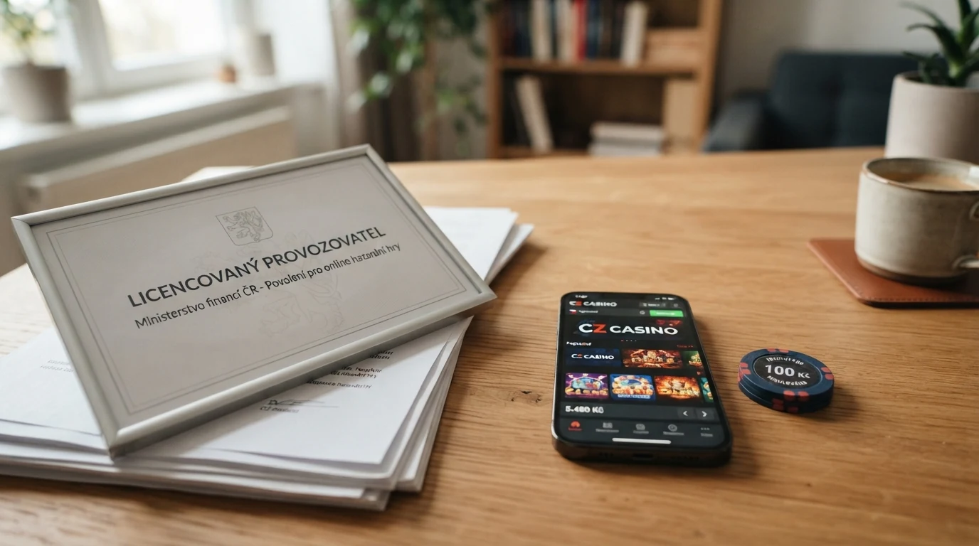 Úřední razítko Ministerstva financí ČR vedle obrazovky s online kasinem a varovným štítkem 18+