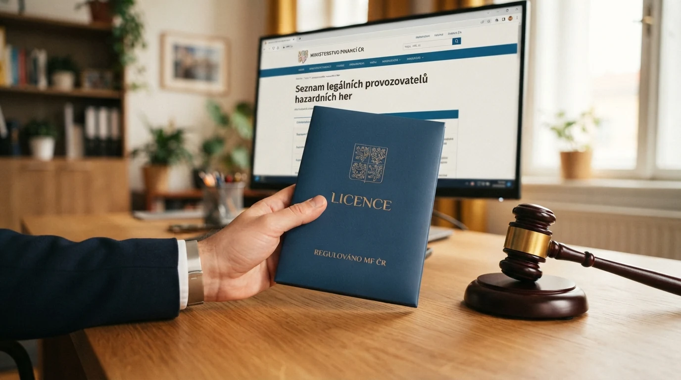 Pečetní razítko Ministerstva financí ČR vedle symbolu štítu — kontrast mezi licencovaným prostředím a šedou zónou
