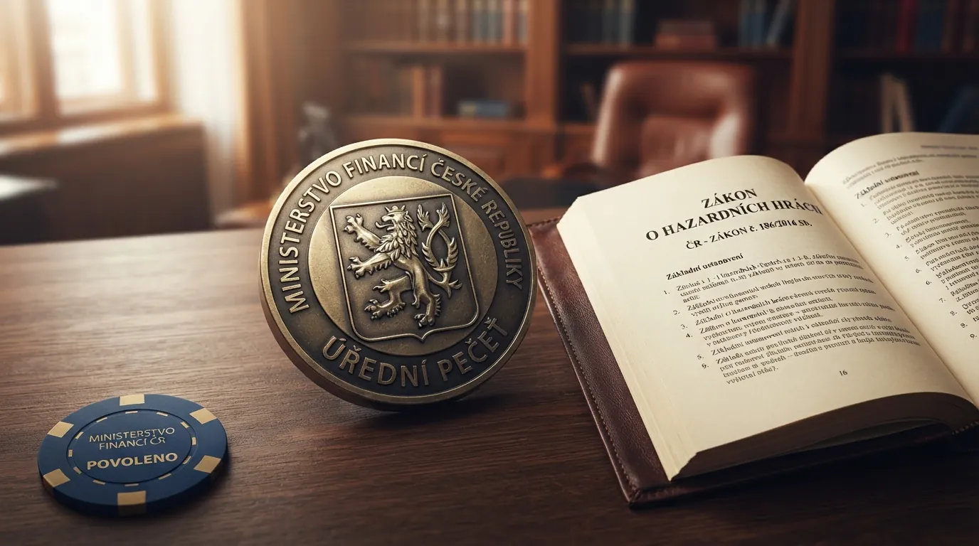 Ilustrace úřední pečeti Ministerstva financí ČR a paragrafu zákona o hazardních hrách