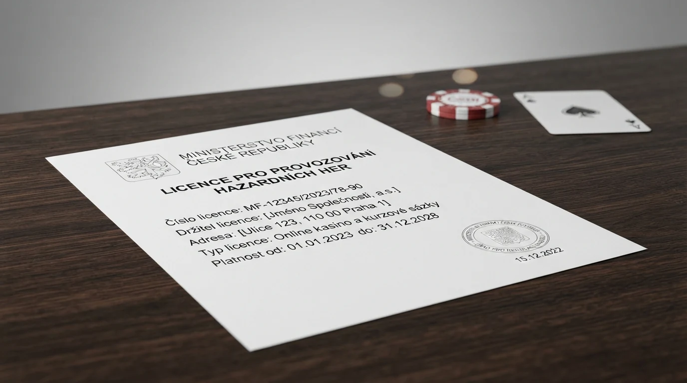 Úřední dokument s razítkem Ministerstva financí ČR a logem licencovaného casina, v pozadí paragrafy zákona o hazardních hrách