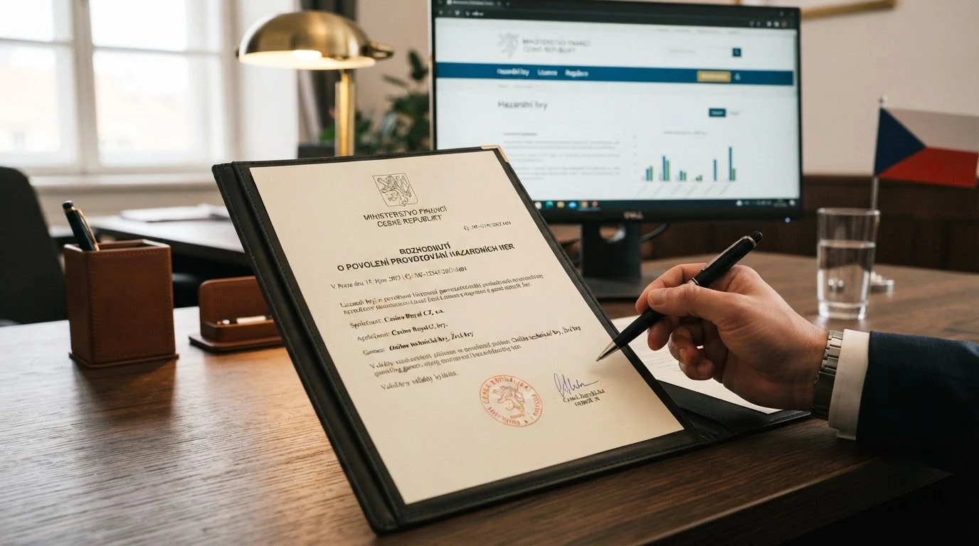 Úřední dokument s logem Ministerstva financí ČR a razítkem — znázornění oficiální licence, v pozadí paragrafy zákona o hazardních hrách
