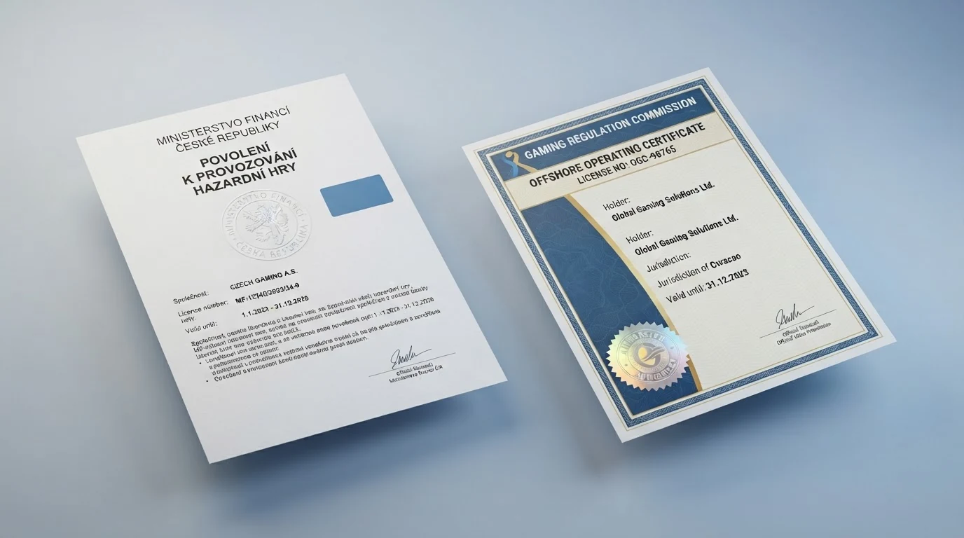 Dva dokumenty vedle sebe — oficiální licence Ministerstva financí ČR s razítkem a offshore herní certifikát z Curaçaa
