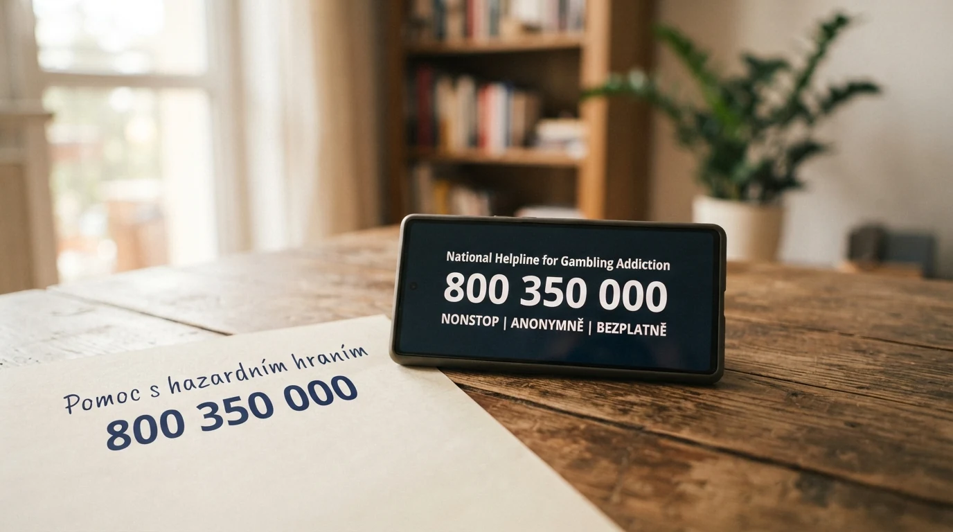 Telefon s vytočeným číslem 800 350 000 na displeji, vedle leták s logem Národní linky pro odvykání hraní