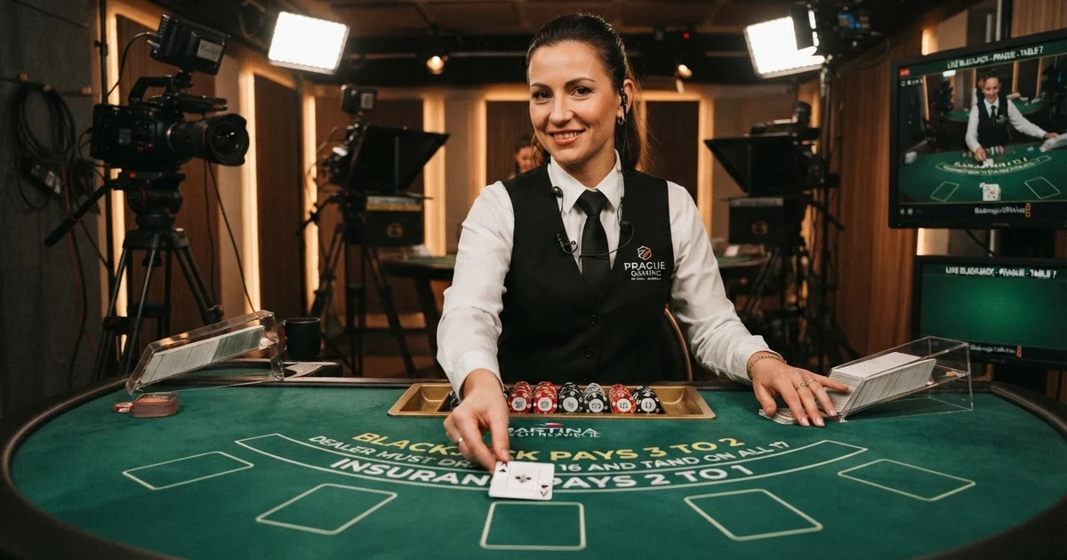 Živý krupiér v černé vestě rozdává karty u blackjackového stolu potaženého zeleným suknem, v pozadí studiové osvětlení a profesionální kamery