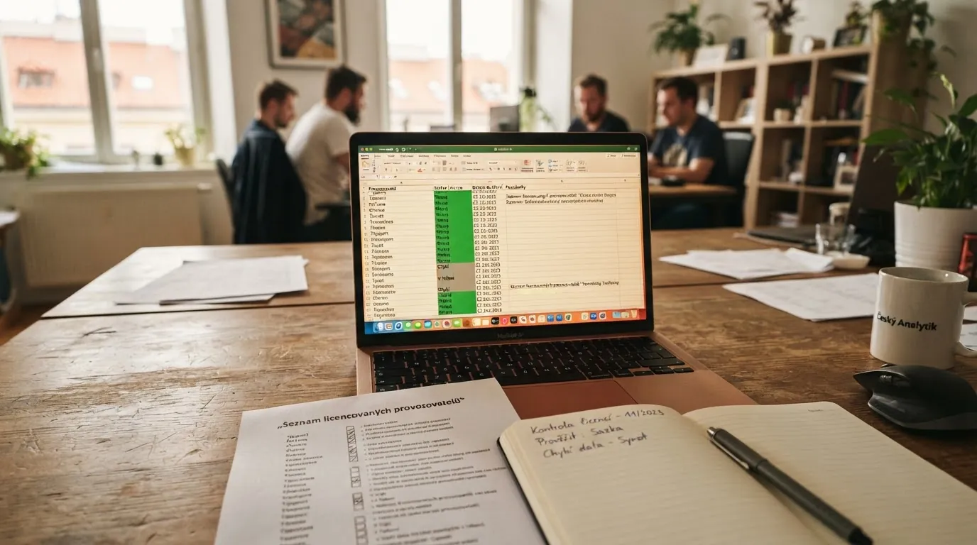 Koláž zdrojů — whitelist MF ČR, recenzní weby, oficiální dokumenty — na pracovním stole analytika