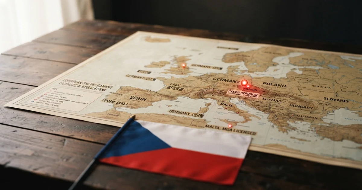 Evropská mapa s vyznačenými licencemi mezinárodních online casin a českou vlajkou v popředí