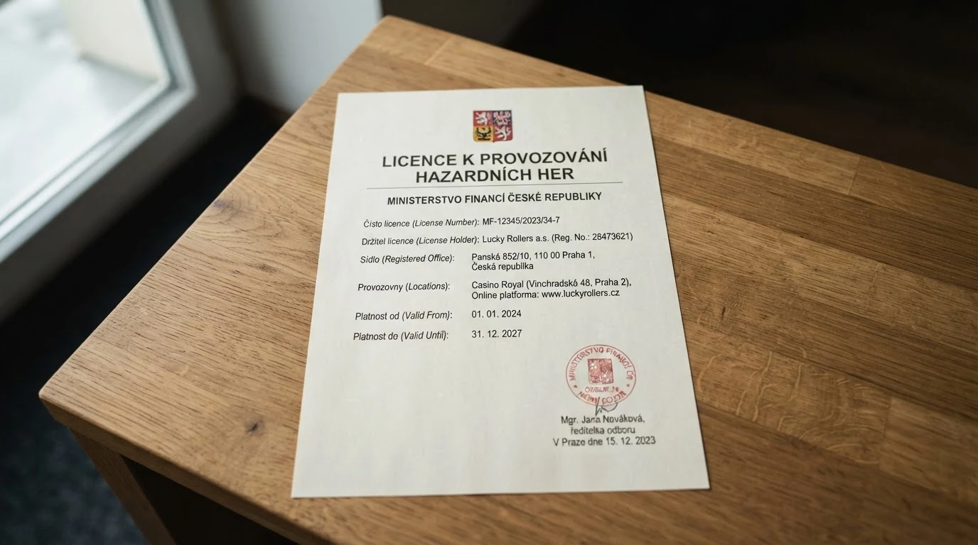 Úřední dokument s textem licence k provozování hazardních her a razítkem Ministerstva financí ČR