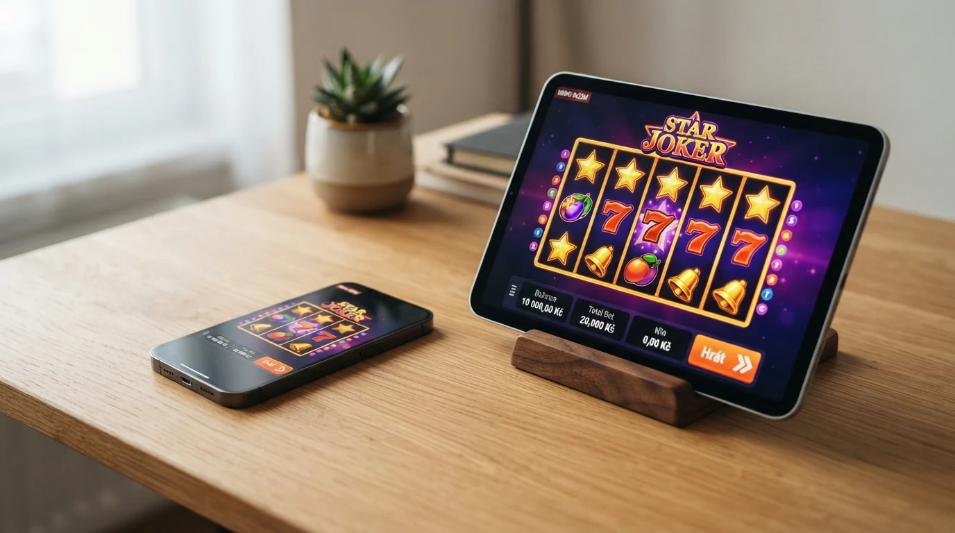 Mobilní telefon s otevřenou casino aplikací vedle tabletu s hrou v prohlížeči — dvě cesty ke stejným automatům