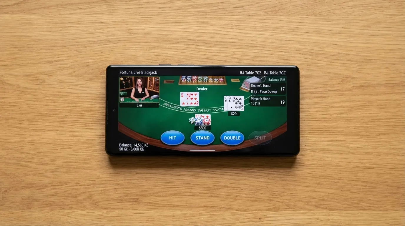 Rozhraní live blackjacku na displeji chytrého telefonu — karty, sázková pole a dotyková tlačítka hit, stand, double a split