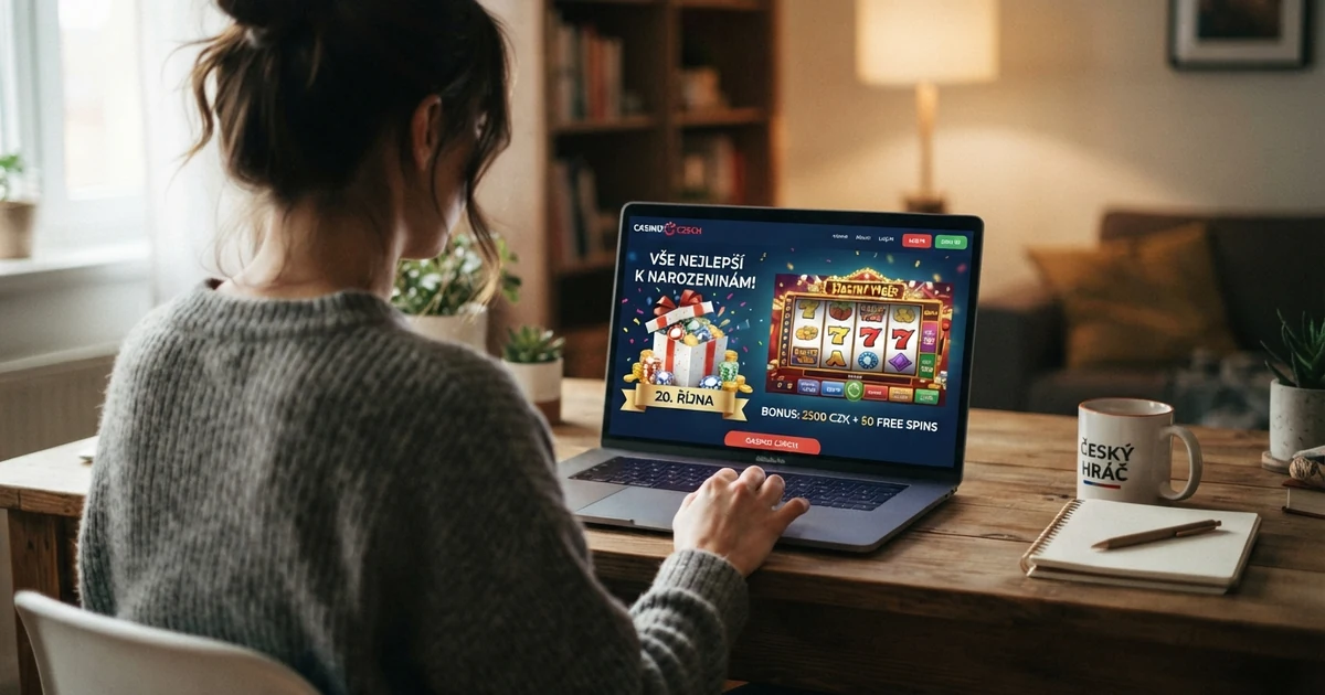 Hráč u notebooku, na obrazovce dárek s casinovými žetony a datum narozenin
