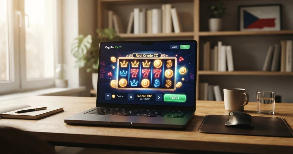 Rozhraní krypto kasina s nabídkou automatů a zůstatkem v bitcoinech na monitoru počítače