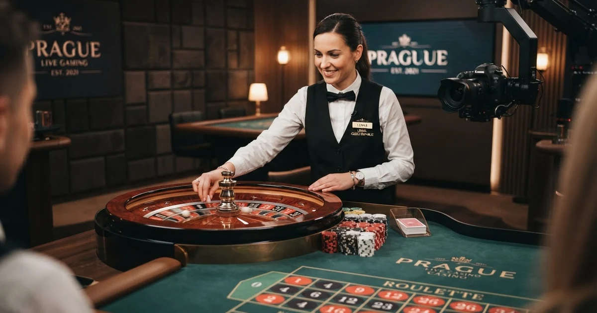 Krupiér u živého rulety v českém live casino studiu s HD kamerami a osvětlením