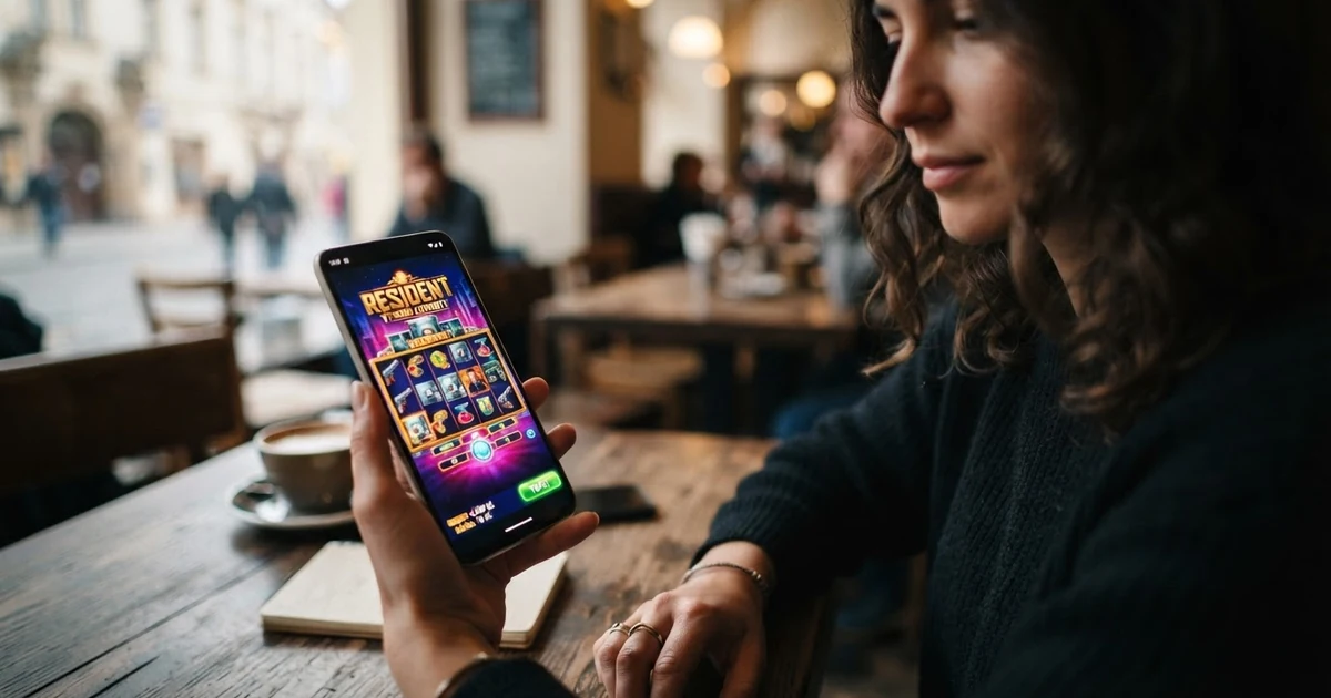 Hráč s mobilem v ruce, na displeji otevřená kasinová hra s automatem