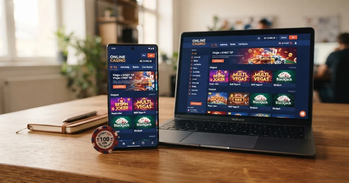 Rozhraní českého online casina na obrazovce počítače a mobilního telefonu vedle sebe — herní lobby, čeština v menu, logo s licencí MF ČR
