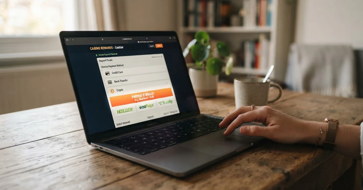 Logo ecoPayz a ukázka pokladny online casina s výběrem platební metody na obrazovce notebooku