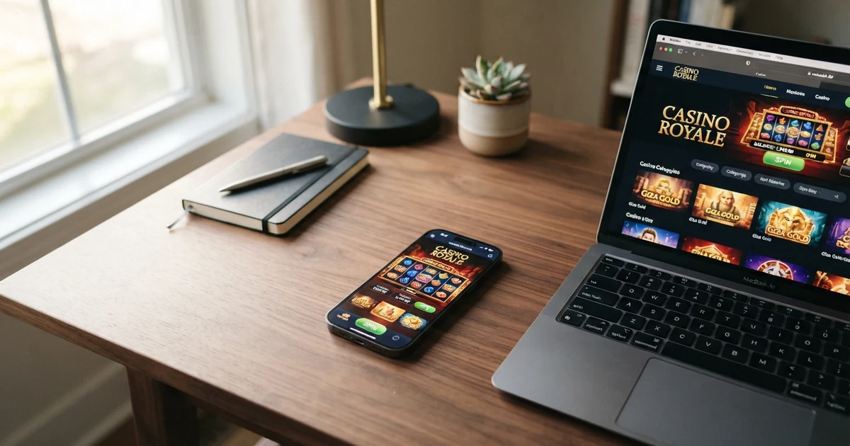 Mobilní telefon s otevřenou aplikací Revolut vedle obrazovky online kasina na notebooku