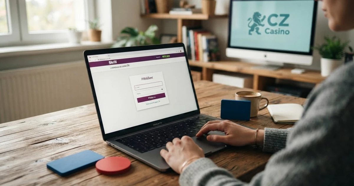 Přihlašovací obrazovka Skrill peněženky na displeji notebooku vedle karty a občanského průkazu, v pozadí logo českého licencovaného online casina