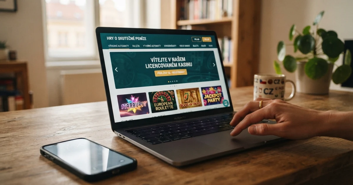 Hráč vybírá online kasino na obrazovce notebooku, vedle mobil s otevřenou aplikací