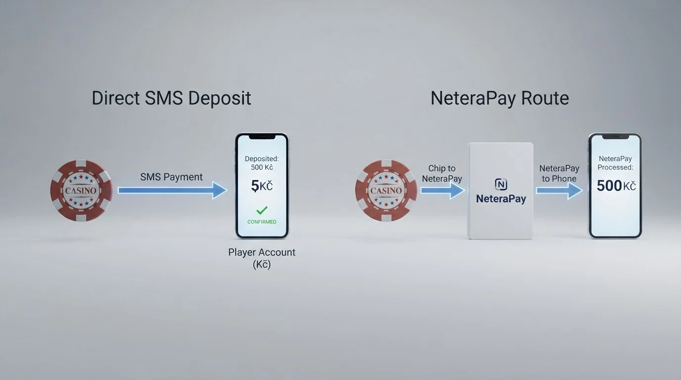Schéma dvou režimů mobilní platby: cesta přímého SMS vkladu a cesta platby přes NeteraPay