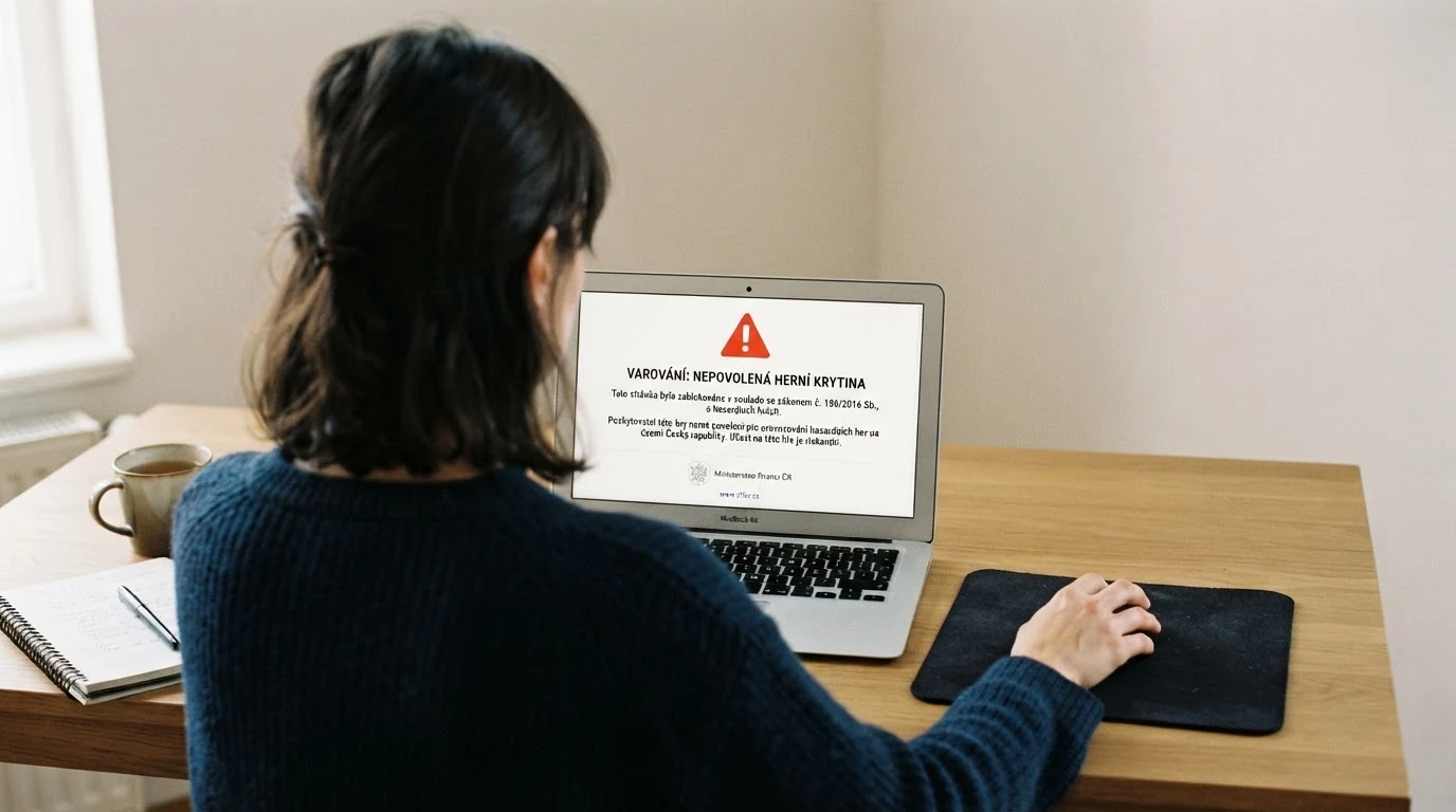 Obrazovka počítače s varovnou stránkou — text upozorňuje na nepovolenou internetovou hru podle zákona o hazardních hrách