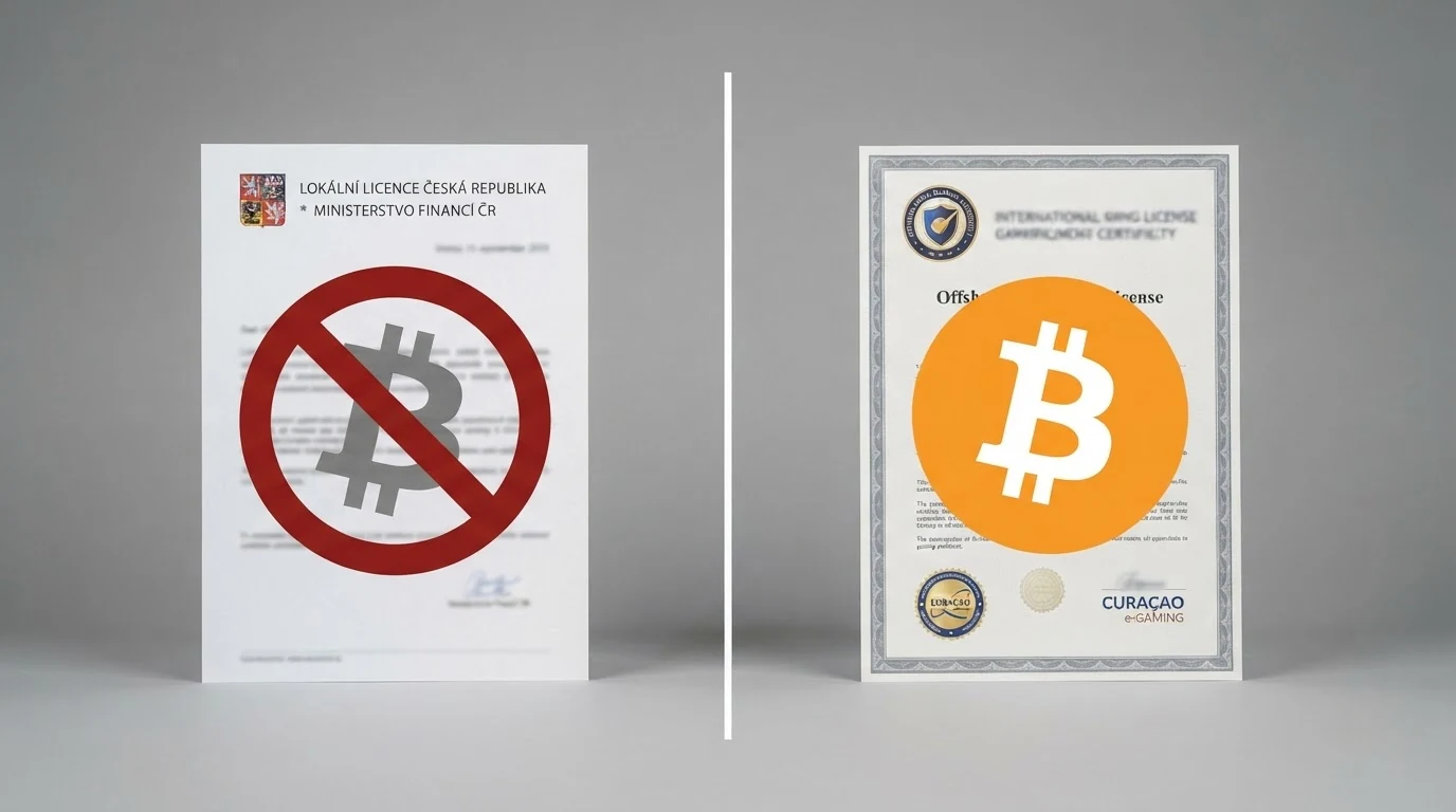 Rozcestník dvou cest: vlevo logo MFČR a česká licence s přeškrtnutým symbolem ethereum, vpravo logo Curácao s logem ethereum