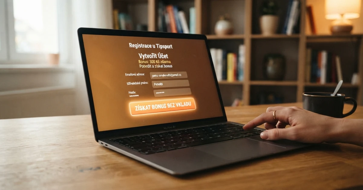 Registrační formulář českého online casina na monitoru notebooku s tlačítkem pro získání bonusu bez vkladu