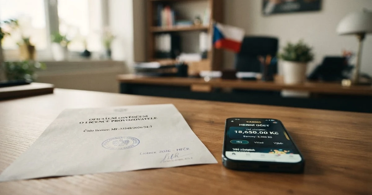 Úřední dokument s razítkem Ministerstva financí ČR a licenčním číslem ve formátu MF-XXXXX vedle displeje s logem online casina