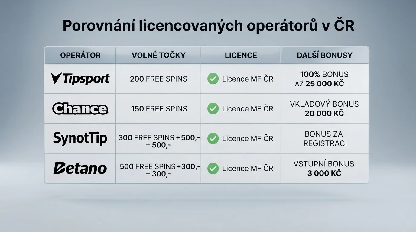Tabulka s deseti řádky porovnávajícími počet free spinů, licenci a registrační bonus napříč prověřenými operátory