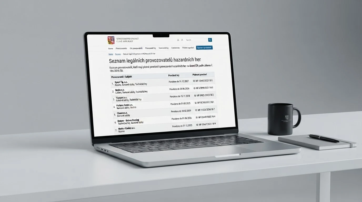 Výřez z veřejného Seznamu legálních provozovatelů hazardních her na webu Ministerstva financí ČR s viditelnými názvy provozovatelů a daty vydání licence